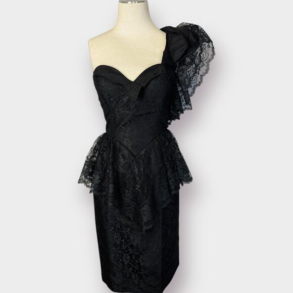 80s Climax Black Lace One Shoulder Party Dress Size XS - Picture 4 of 8